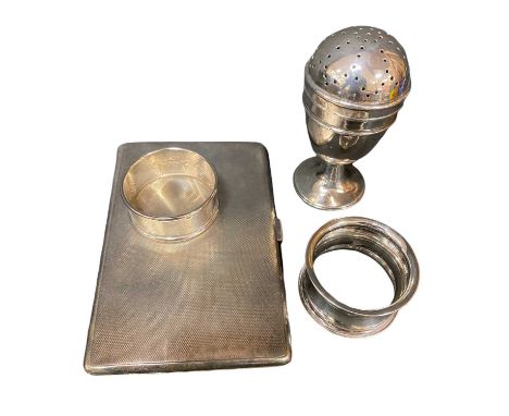 SMALL SILVER, 4 ITEMS - to include an engine turned cigarette case, London 1933, 13 x 8.5cms, 5.5ozt, egg cup shaped sifter, 