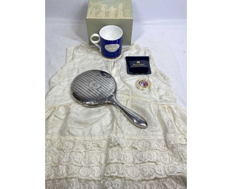 MIXED COLLECTABLES GROUP including a hallmarked silver handheld dressing table mirror, child's vintage lace trimmed under gar