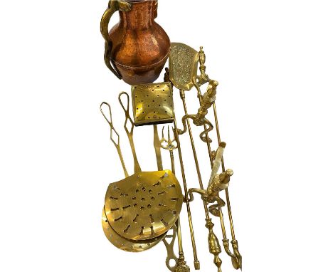 VINTAGE &amp; LATER BRASS &amp; COPPERWARE to include a reproduction set of three fire irons with a pair of dogs, two brass s