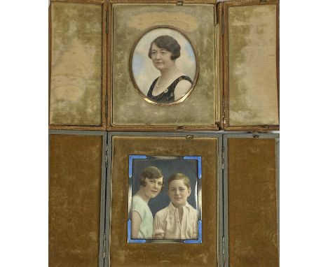 IVORY SLIP FAMILY PORTRAIT MINIATURES (2) - circa 1930 in original folding easel back cases, the first depicting a lady in pe