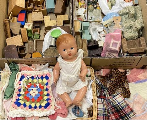 VINTAGE COMPOSITION DOLL, various items of clothing and a quantity of doll's house furniture and utensils contained within tw