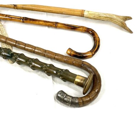VINTAGE WALKING STICKS/CANES (3) and a lady's parasol with natural wood handle, one walking stick mounted with Chester silver