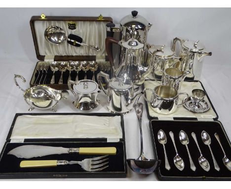 WALKER &amp; HALL &amp; OTHER SILVER PLATED TEAWARE, cased cutlery, EPNS ladle ETC