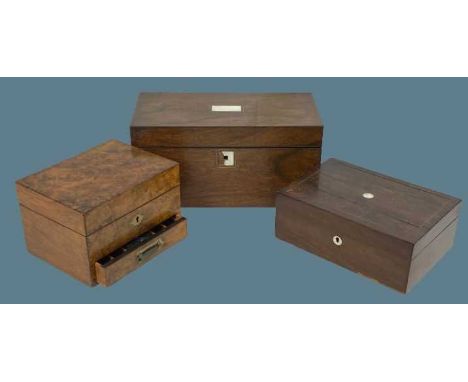 THREE VINTAGE LIDDED BOXES - a burr walnut jewellery box with lower front drawer and inset brass handle, 14cms H, 21cms W, 16