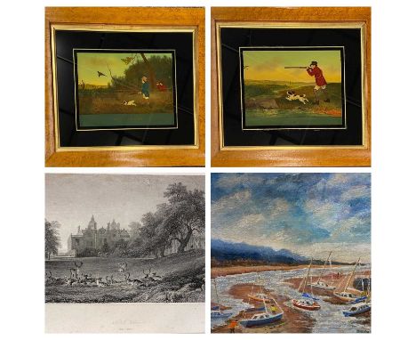 PAINTINGS &amp; PRINTS - hunting scenes paintings on glass, a pair, 'Snipe Shooting' and 'Pheasant Shooting', in walnut frame