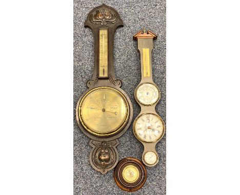 VINTAGE CARVED OAK BAROMETER WITH THERMOMETER - the dial stamped 'John Barker &amp; Co Ltd, Kensington', small wood mounted b