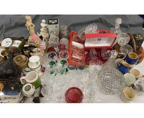 GLASS, CHINA, TREEN &amp; METALWORK ASSORTMENT to include Portmeirion, R C R boxed glassware, metal tankards, cranberry glass