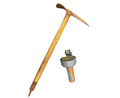 VINTAGE MOUNTAINEER'S ICE AXE, 66cms L and a hand-held gimbal compass with magnifier by Sestrel