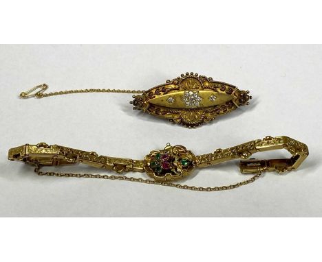 VICTORIAN JEWELLERY ITEMS (2) - a 15ct diamond set bar brooch with hair window verso, 5cms across, 11.7grms and an unmarked a