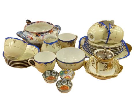 JAPANESE MEITO CHINA BLUE &amp; GILT DECORATED TEASET, 21 PIECES, three items Noritake tableware, three blue and white Sake b