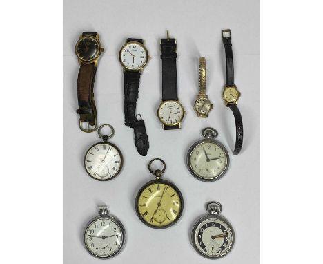 LADY'S &amp; GENT'S WRISTWATCHES, two silver cased pocket watches and three further pocket watches in base metal by Ingersoll