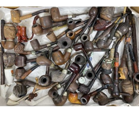 VINTAGE TOBACCO PIPES - a good mixed quantity to include carved examples, clay pipes, others having silver and white metal mo