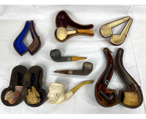 VINTAGE CASED &amp; OTHER TOBACCO PIPES - carved meerschaum pipes, hallmarked silver, white and gilt metal mounted pipes, two