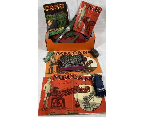VINTAGE MECCANO, associated booklets and three old diecast and tin plate cars marked 'Dinky' and 'Triang Mimic'