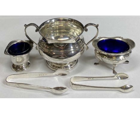 SILVER SUGAR BASIN &amp; TONGS - a circular twin-handled pedestal sugar basin, 4.7ozt, Birmingham 1932, two pairs of sugar to