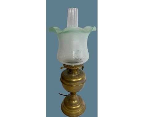 VINTAGE BRASS OIL LAMP - with tinted green glass shade and funnel, converted for electricity, 54cms overall H