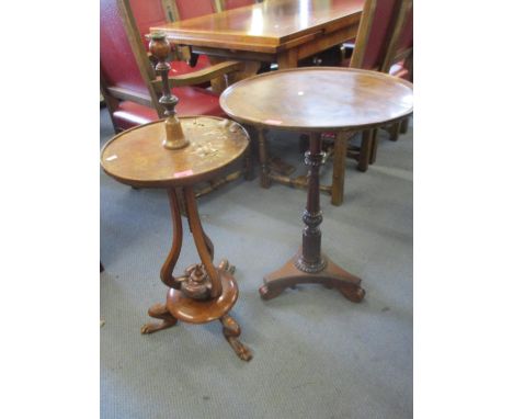 A William IV mahogany and rosewood pedestal table, with a reeded column and trefoil base, and a Victorian walnut pedestal tab