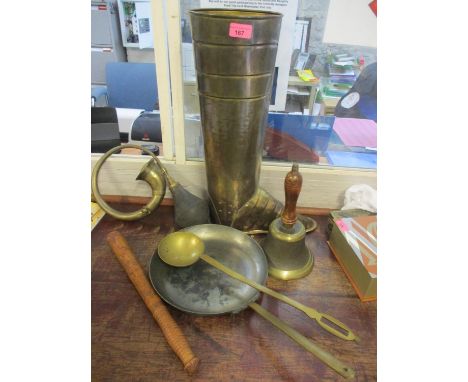 A mixed lot to include a military truncheon, a brass stick stand in the form of a boot and mixed brassware 