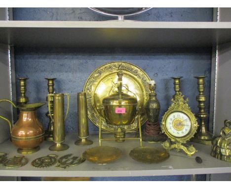 Two pairs of Victorian brass candlesticks and assorted brassware to include a Victorian kettle on stand and an ornate French 