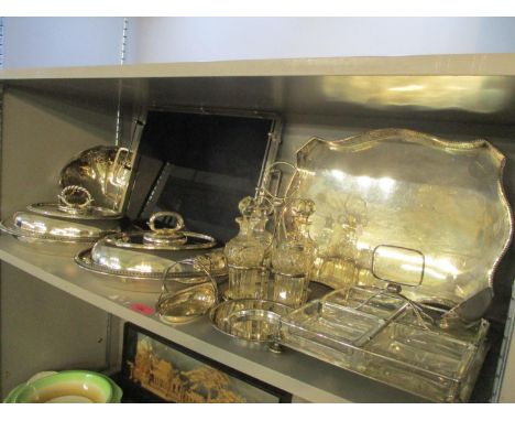 A selection of silver plate to include tureens, serving ladle, pierced tray and other items 