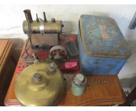 A Mamod engine A/F and a Swedish Optimus No.00 camping stove and related tins 