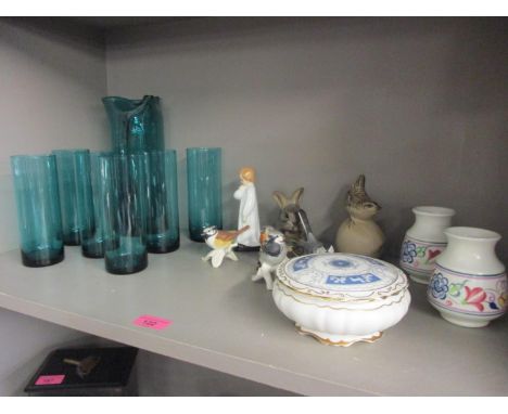 A mixed lot of ceramics and glassware to include a glass water set, Poole pottery vases and stoneware animals, Goebel bird mo