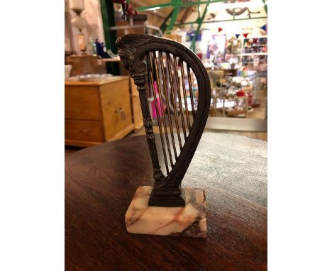 A Victorian grand tour model of a harp on a veined marble base