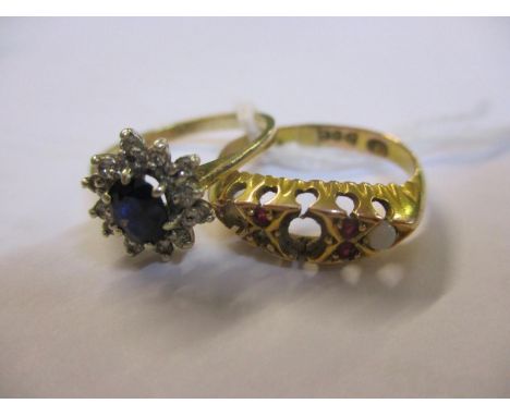 A sapphire and diamond cluster ring together with a 9ct ruby and pearl ring A/F 