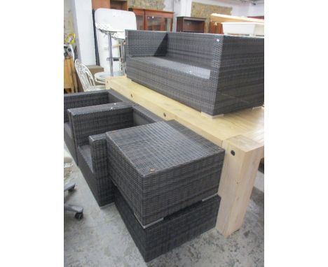 A garden sofa, together with two matching armchairs, two footstools and a cushion storage box 
