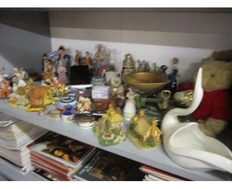 Four ceramic military figures, two Beverley Hills collectors teddy bears, a late 20th century set of brass kitchen scales and