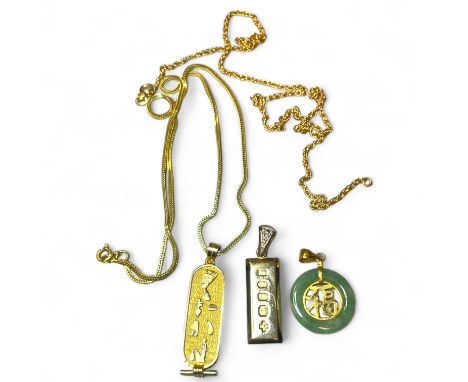 A 9ct gold hallmarked ingot pendant, set with a single diamond; an Egyptian hieroglyphic cartouche pendant and chain, both ma