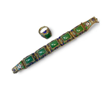 A vintage 1930s Chinese cloisone enamel and jade-type hardstone bracelet. Marked "China Silver" but untested the piece is gil