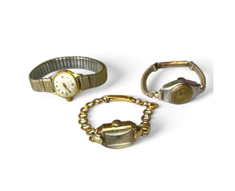 A group of three ladies Vintage wristwatches. Featuring a Swiss 9ct gold Tudor cocktail watch with a "ET + 9ct" bracelet; a V