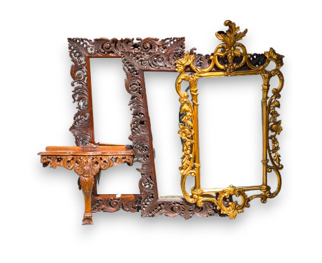 Two ornate acanthus mirrors, 76 x 95cm and 61cm x 100cm, an ornate gilt mirror, 58cm x 112cm, and a small wall mounted consol