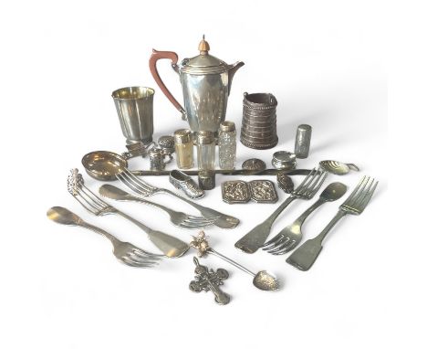 A collection of silver items, to include a Scottish silver whalebone handled toddy ladle, an Adie brothers coffee pot, six co