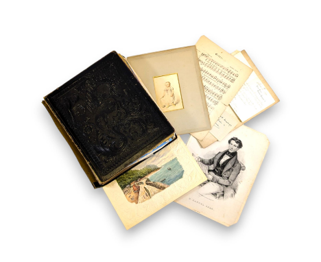 An interesting 19th century album of cards, drawings, letters and prints relating to Jacob Lucas Gear, H Handel Gear (singer)