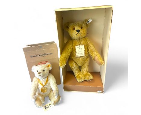 Two Steiff teddy bears 1908 replica 40cm tall and the Millennium Bear, both boxed&nbsp;