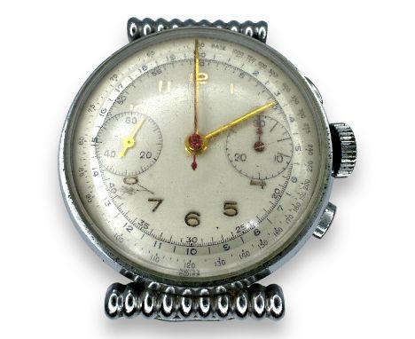 An unsigned, Doxa style steel cased chronograph wristwatch. with white dial, gold Arabic numerals and two subsidiary dials se