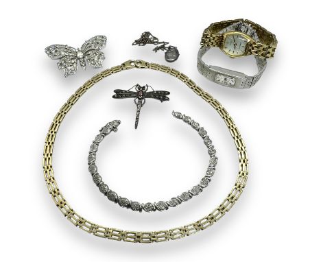 A 9ct gold gate necklace, together with a 9ct white gold diamond set bracelet (as found) together with other items of jewelle
