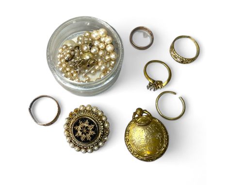 A collection of gold and other jewellery. To include three scrap gold rings at 18 ct; a 9ct gold band ring, a scrap diamond s