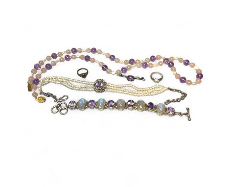 A collection of gemstone jewellery. To include a cultured pearl chocker, with a central oval cut Amethyst set into white prec