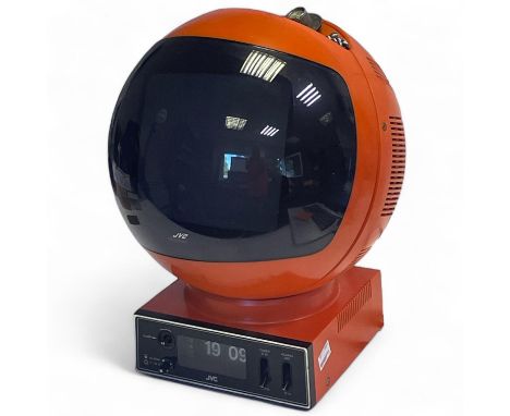 A Vintage JVC Videosphere orange globe television with radio alarm, model TS-245, 27cm x 27cm x 37cm high
