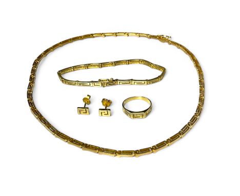 A matched suite of Greek key motif jewellery. Featuring a necklace in precious yellow metal, stamped 585; a 585 stamped simil