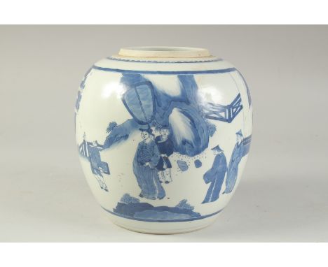 A CHINESE BLUE AND WHITE PORCELAIN JAR -possibly Kangxi period, decorated with two panels depicting various figures in outdoo