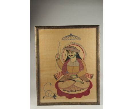 A LARGE WEST BENGAL INDIAN KALIGHAT PAINTING OF LORD RAMA, circa 1880-1940, seated under an umbrella with an arrow in his han