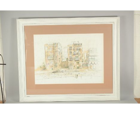 A LARGE CONTEMPORARY SIGNED LITHOGRAPH, depicting a street scene, framed and glazed, indistinctly signed, image 52cm x 71cm.