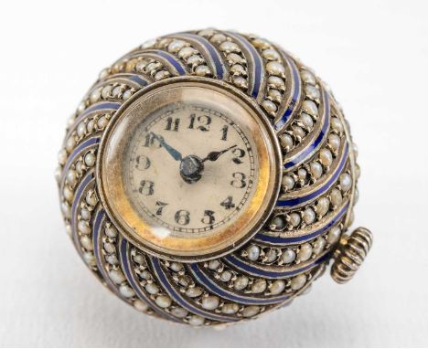 RARE ROLEX SEED PEARL WATCH PENDANT, circa 1910-15, the spherical silver case set with half pearls and navy blue enamel, silv