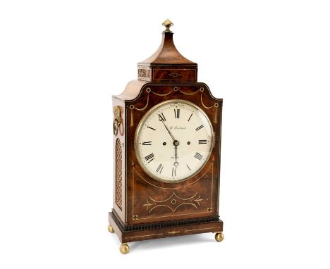 EARLY 19TH MAHOGANY & BRASS STRUNG BRACKET CLOCK, Haddack of Bath, pagoda top, pierced brass fish scale side grilles, loose r