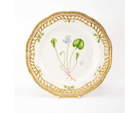 ROYAL COPENHAGEN 'FLORA DANICA' PIERCED PORCELAIN PLATE, painted with a titled specimen of 'Viola epipsila Ladeb', green prin