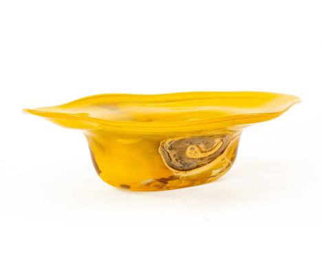 ‡ SAMUEL HERMAN, 1973, yellow studio oval flared rim bowl, signed and dated, further inscribed, 'To Don with pleasure, Sam', 